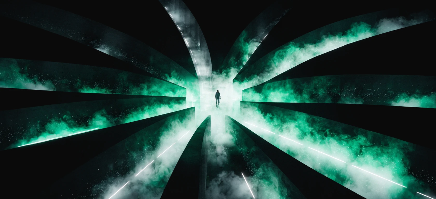 A lone figure at the mouth of many diverging corridors of light, each leading somewhere unseen.
