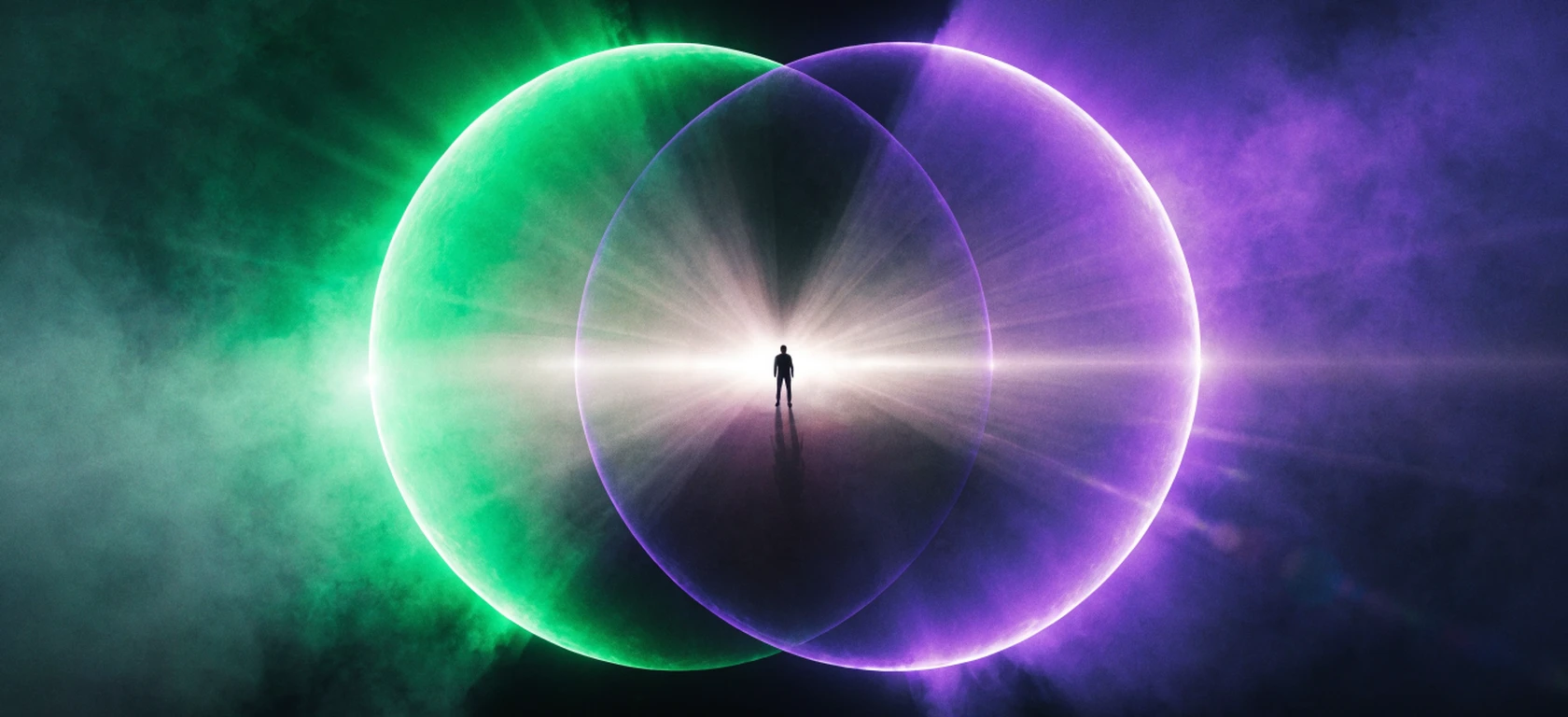 Two vast overlapping spheres of light, one green and one violet, burning white where they intersect, with a small figure standing inside the overlap.