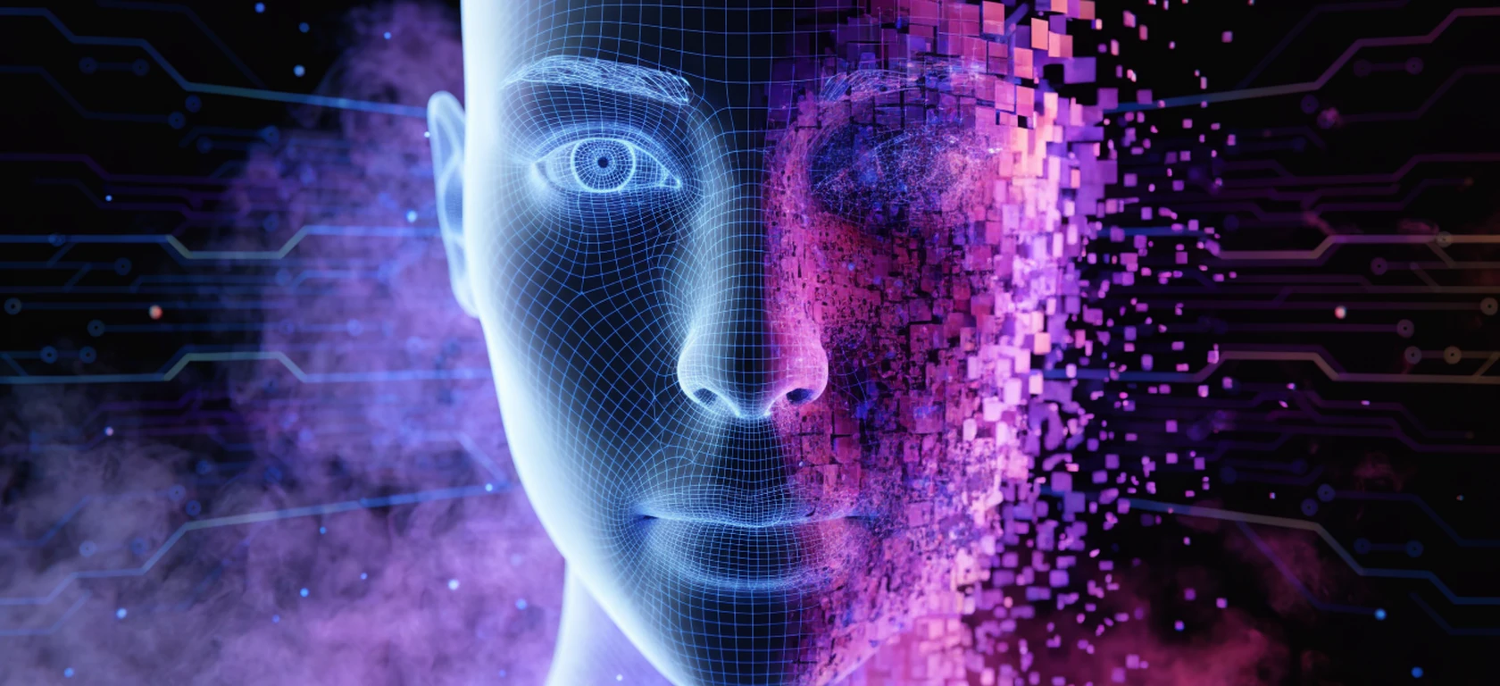 A human face split down the centre: one half a cold blue wireframe, the other dissolving into violet pixels.