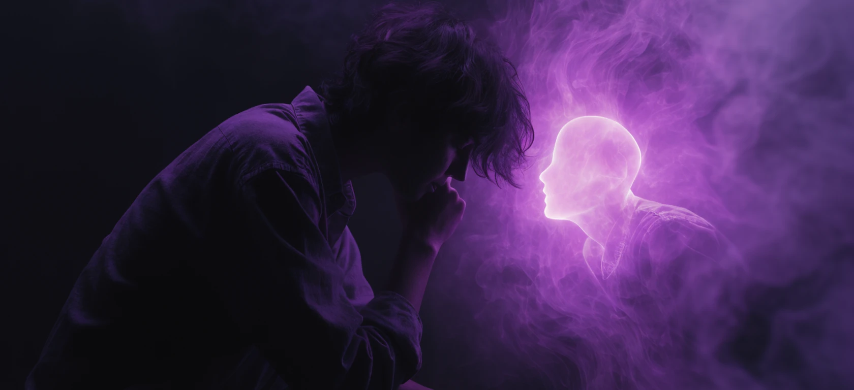 A lone person leaning toward a warm, bodiless violet presence that appears to be listening.